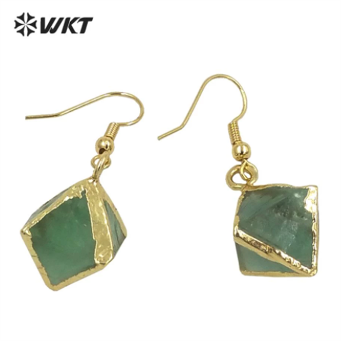 WT-E080 WKT Unique Natural Raw Handmade rainbow Fluorite Stone Earrings Gold Trim Octahedral Stone Earring Charm Gift