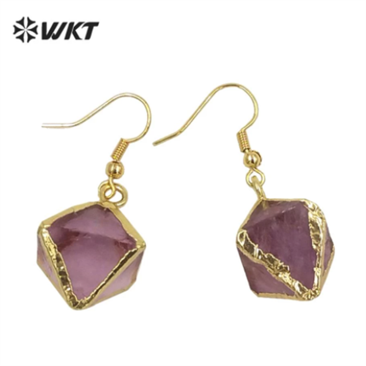 WT-E080 WKT Unique Natural Raw Handmade rainbow Fluorite Stone Earrings Gold Trim Octahedral Stone Earring Charm Gift