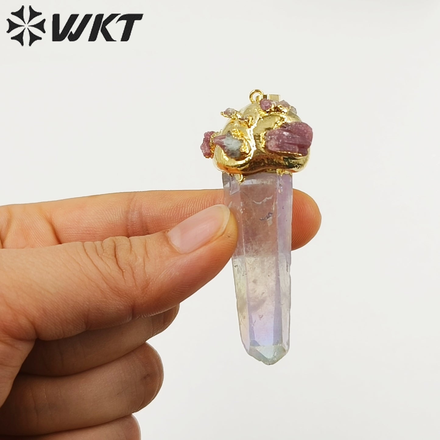 WT-P1916 New Precious Aura Crystal Quartz With Tourmaline Charm Claw Setting Oval Amazonite Amethyst Stone Pendants