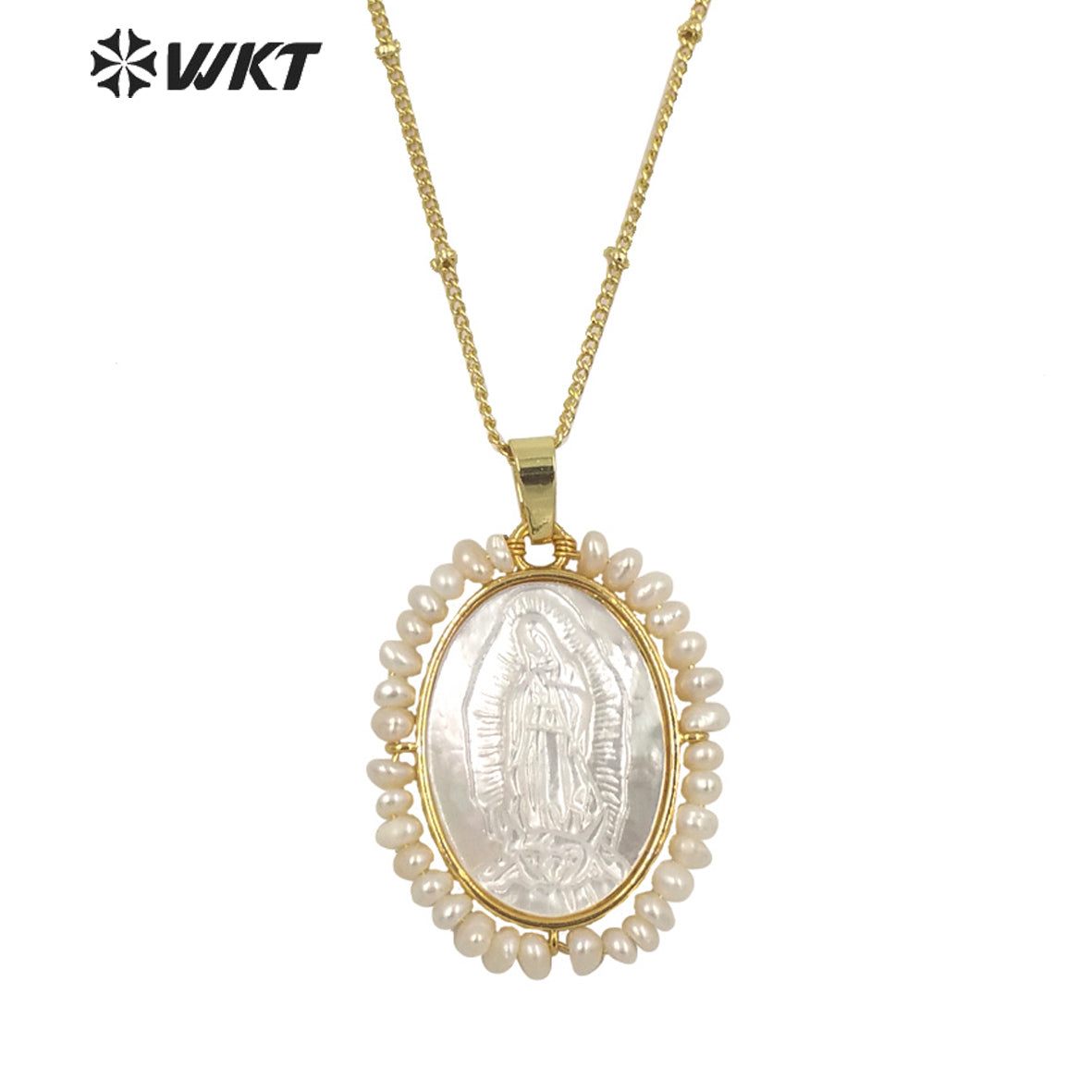 WT-JN158 Wholesale Unique Handmade Fashion Gold Bezel WIRE Wrapped Virgin Mary Pendant Necklace Freshwater Pearl Charm Necklace