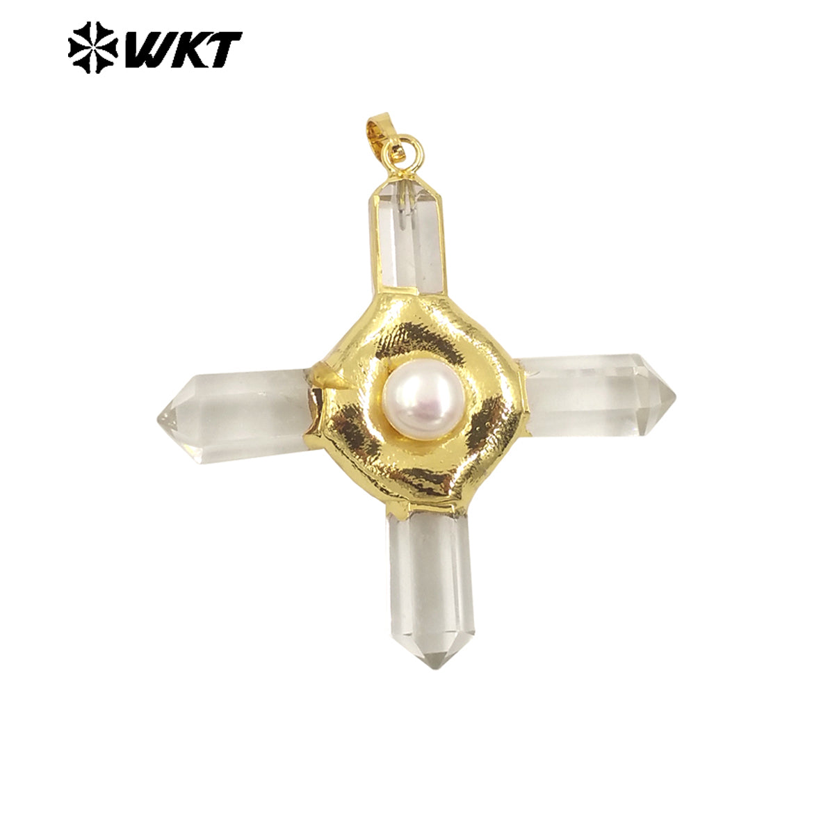 WT-P1967 Wholesale Fashion Gold Plated Cross Healing Energy Gemstone Point Anchor Pendants Special Rose Quartz Jewelry
