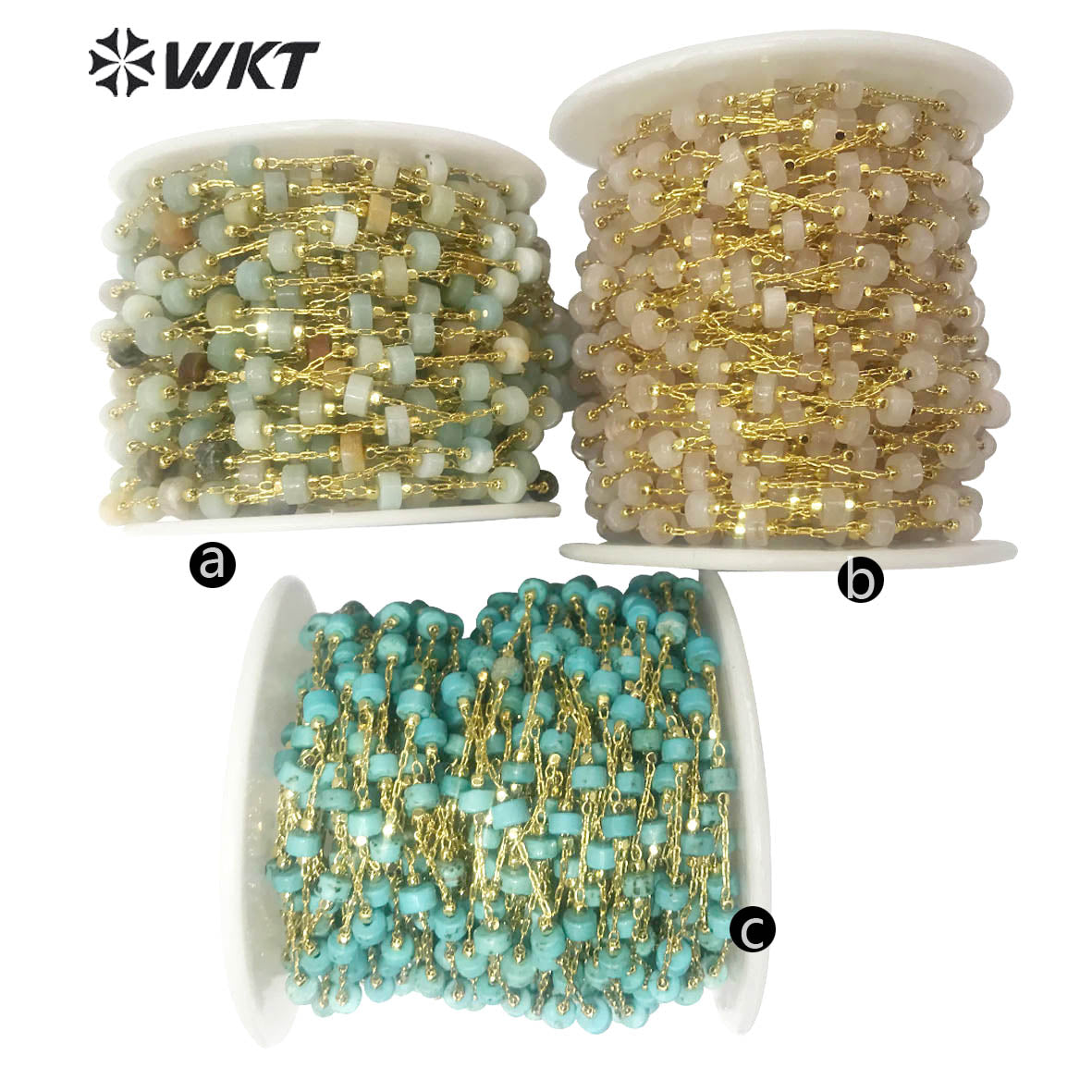 WT-RBC135 Fashion Accessory Stone Beads Chain 6mm Natural Stone Beads Rosary Necklace Chain Gold Plated Jewelry Beads Chain