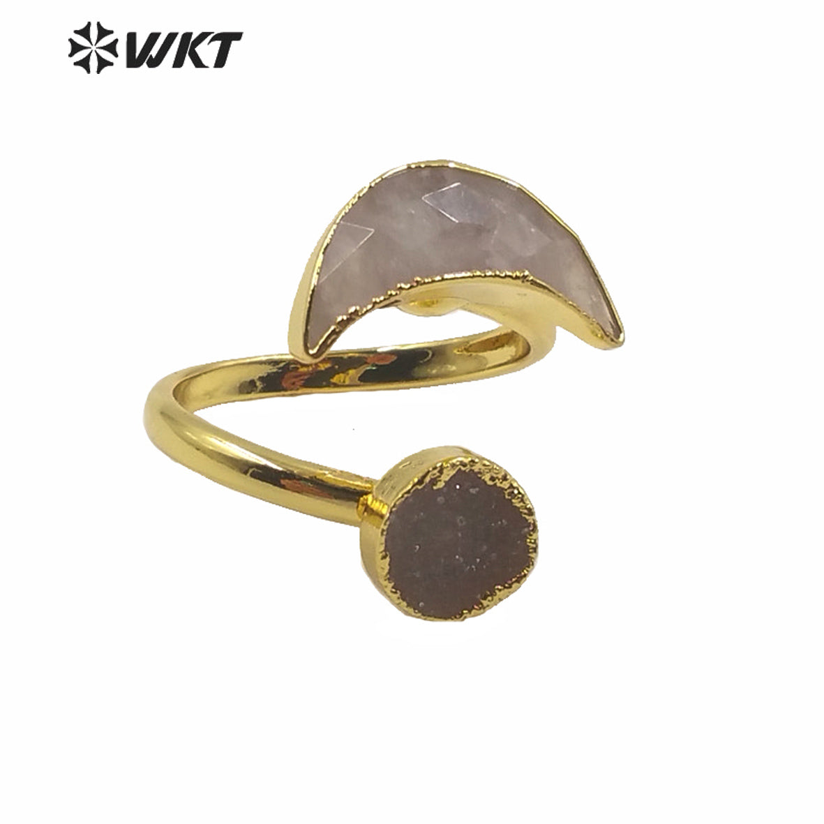 WT-R357 Wholesale Women Double Stone Cock Tail Ring Natural Gold Electroplated Druzy Agate Stone Ring Crescent Horn Stone Rings