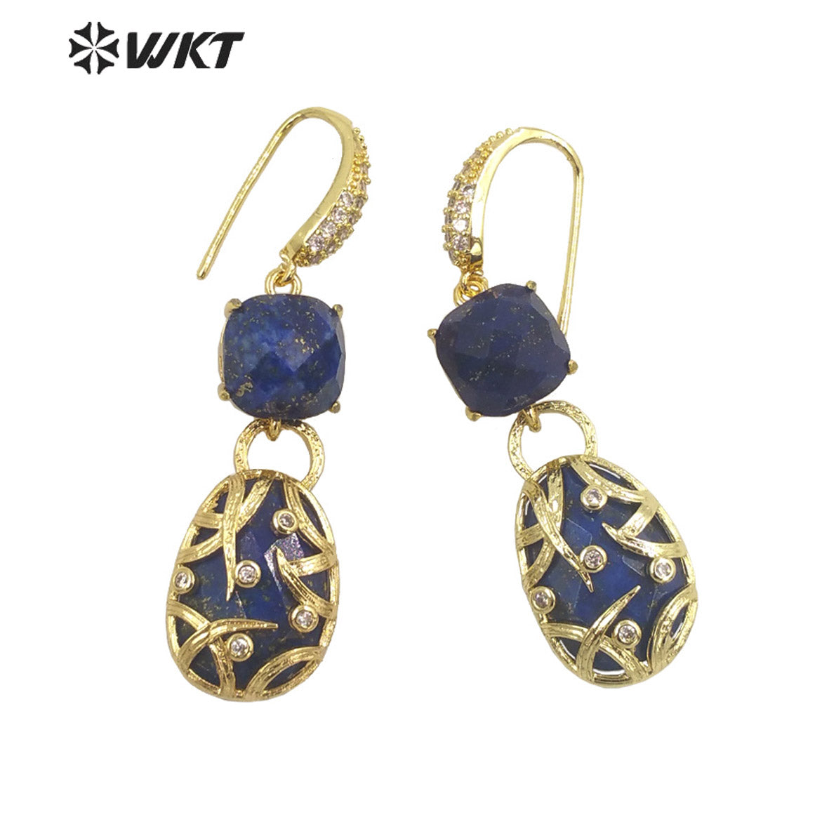 WT-E691 Fashion Double Stone Handmade Claw Setting Bezel Earrings Women Delicate Long Hoop Amethyst Stone Earrings