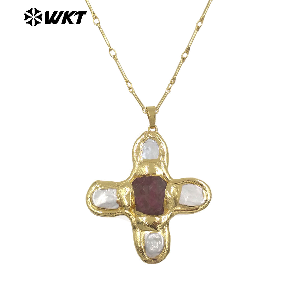 WT-JN169 Wholesale New Fashion Trendy Pearl Cross Shape Turquoises Pendant Necklace Gold Electroplated Necklace Green Stone