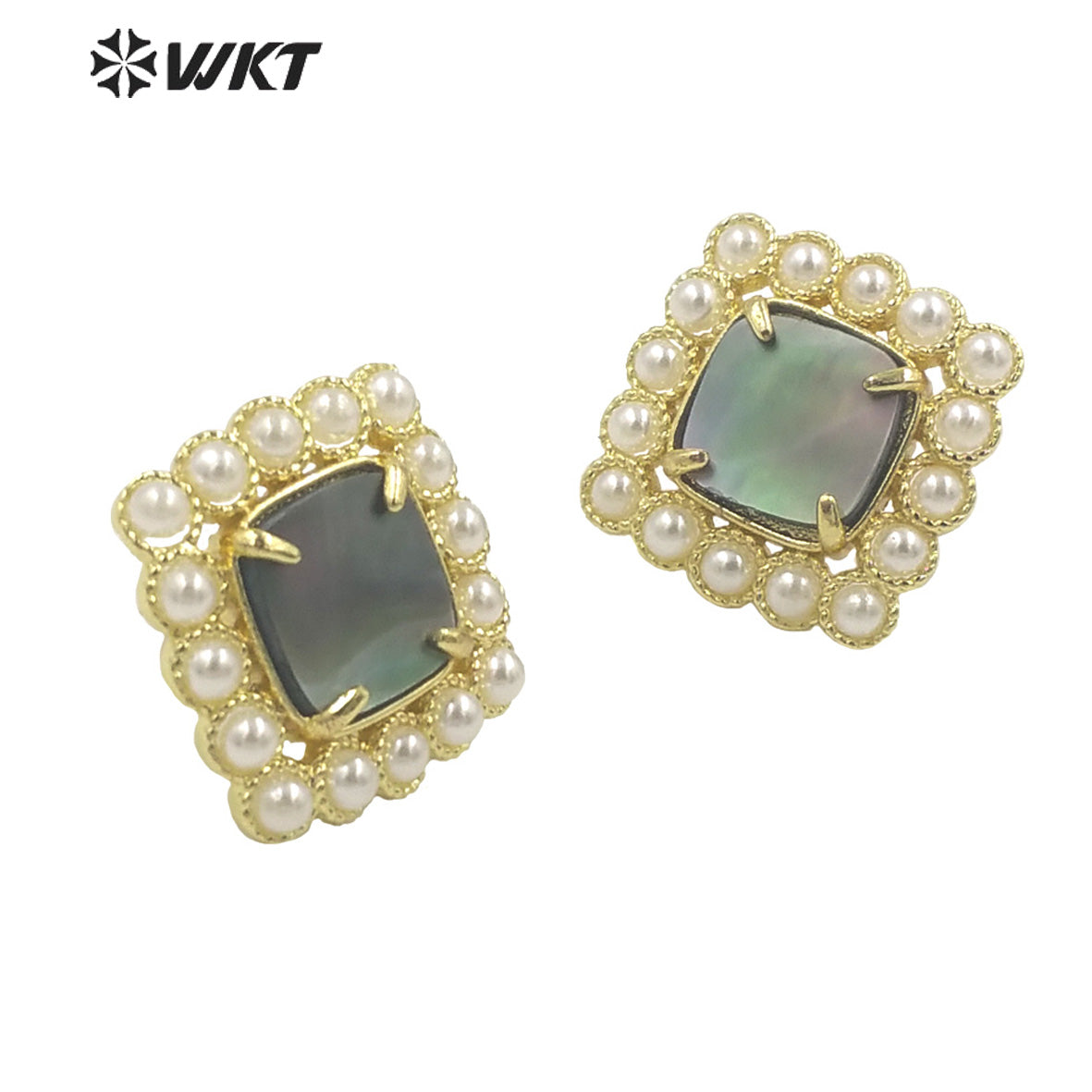 WT-MPE119 Latest Design Fashion Square Shape Claw Setting With Natural Shell Inner Gold Plated Women Studs