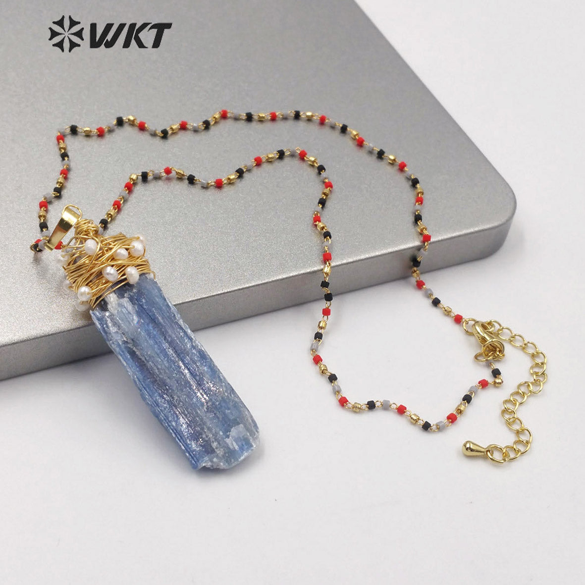 WT-N1217 Popular Wire Wrapped Blue Kyanite Necklace Fashion Lady Charm Jewelry Raw Blue Kyanite Necklace