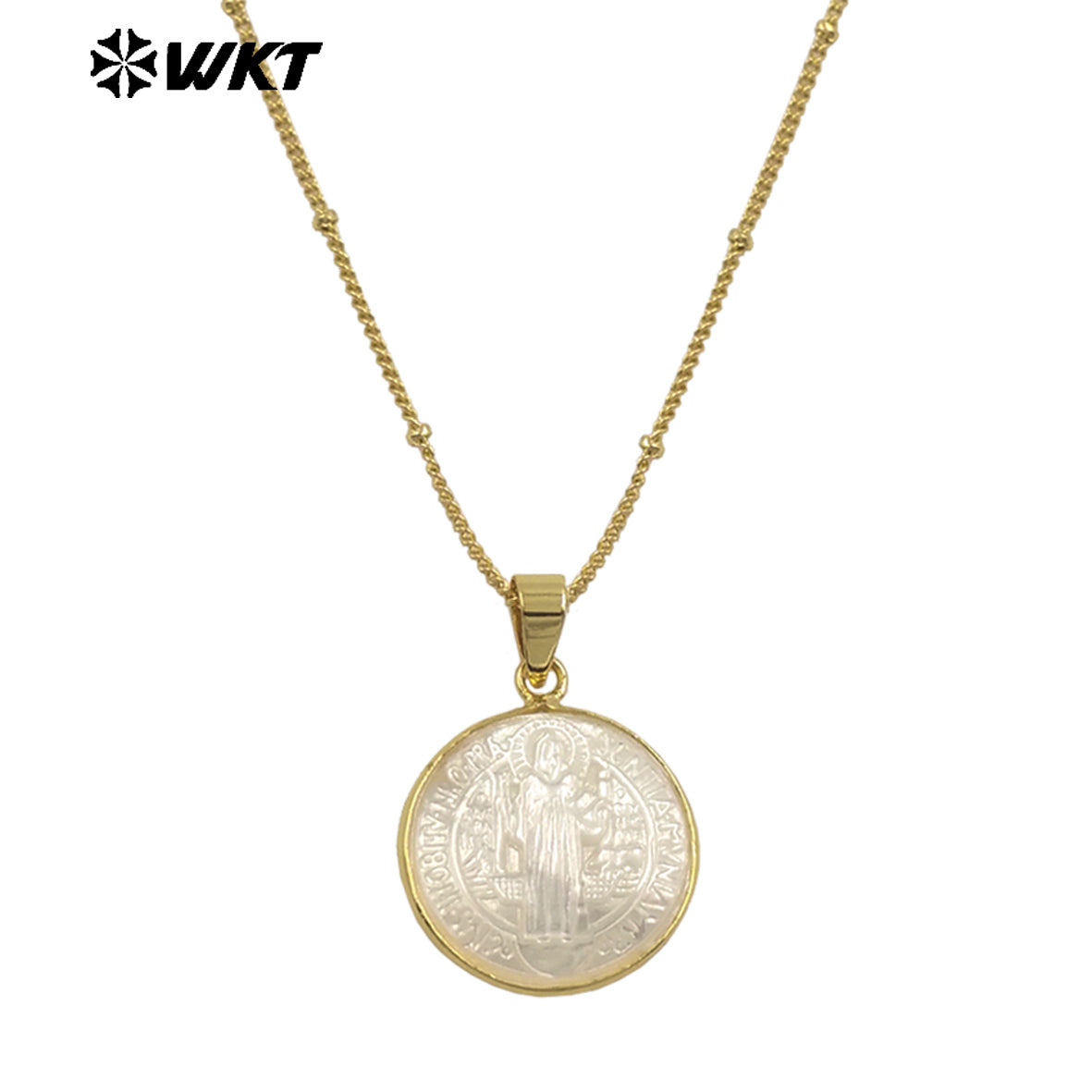 WT-JN032 New Hotsales White Shell Carved Mary of Guadalupe Pendant Necklace, Gold Bezel White Shell Jesus Mary Necklace