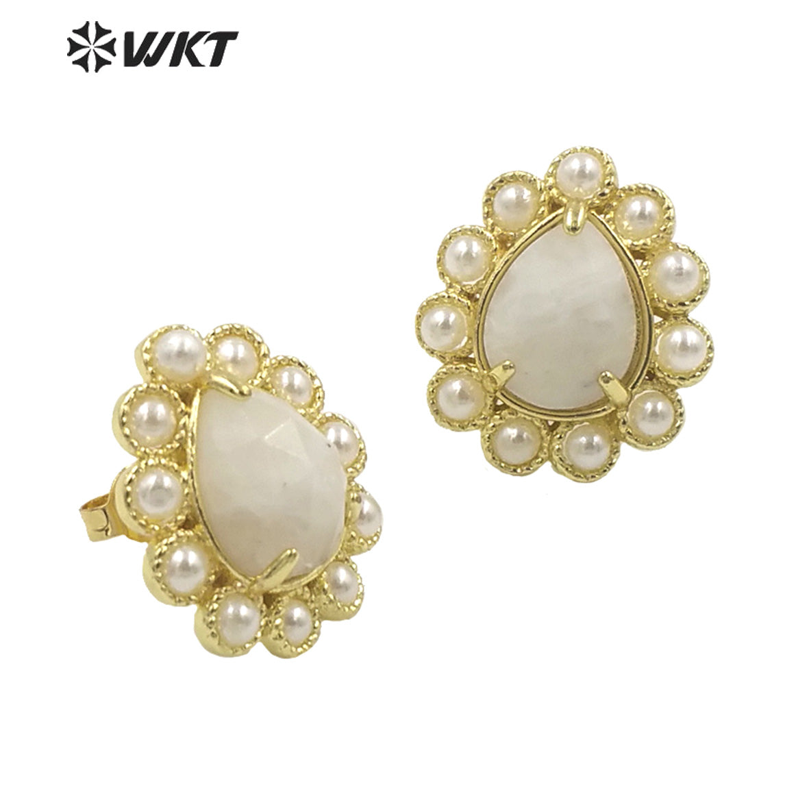 WT-MPE124 Charming Drop Natural Gemstone Made With Artificial Pearl Gold Bezel Setting Women Earring Studs