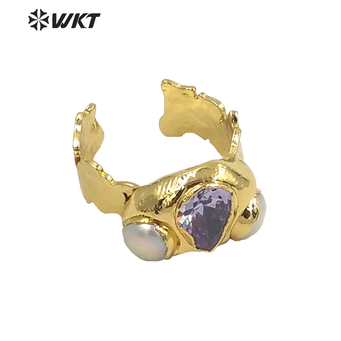 WT-MPR011 WKT Exclusive Gorgeous Natural Pearl CZ Stone Cocktail Ring Women Fashion Gold Electroplated Irregular Lava Stone Ring
