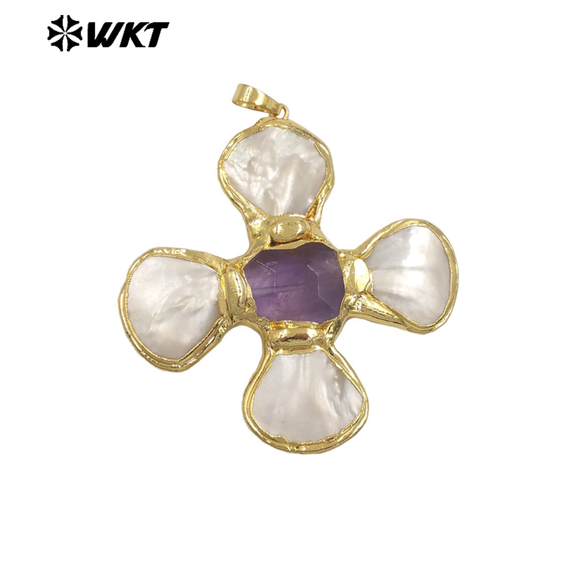 WT-JP425 Fashion Attractive Gold Plated Shell Middle With Natural Gemstones Flowers Shape Pendant For Jewelry Diy Making