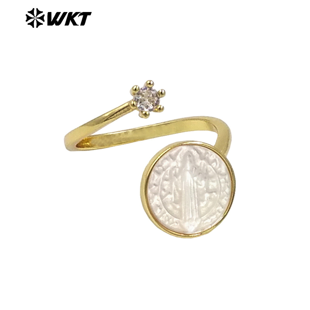 WT-MPR092 WKT New Christian Jewelry Design 18K Gold Plated Adjustable Religious Virgin Mary Ring With Zircon Stone
