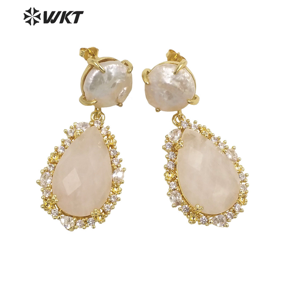 WT-E698 Unique Micropaved Gold Bezel Cubic Zircon Natural Teardrop Stone Pearl Earrings Gorgeous Drop Turquoise Stud Earrings