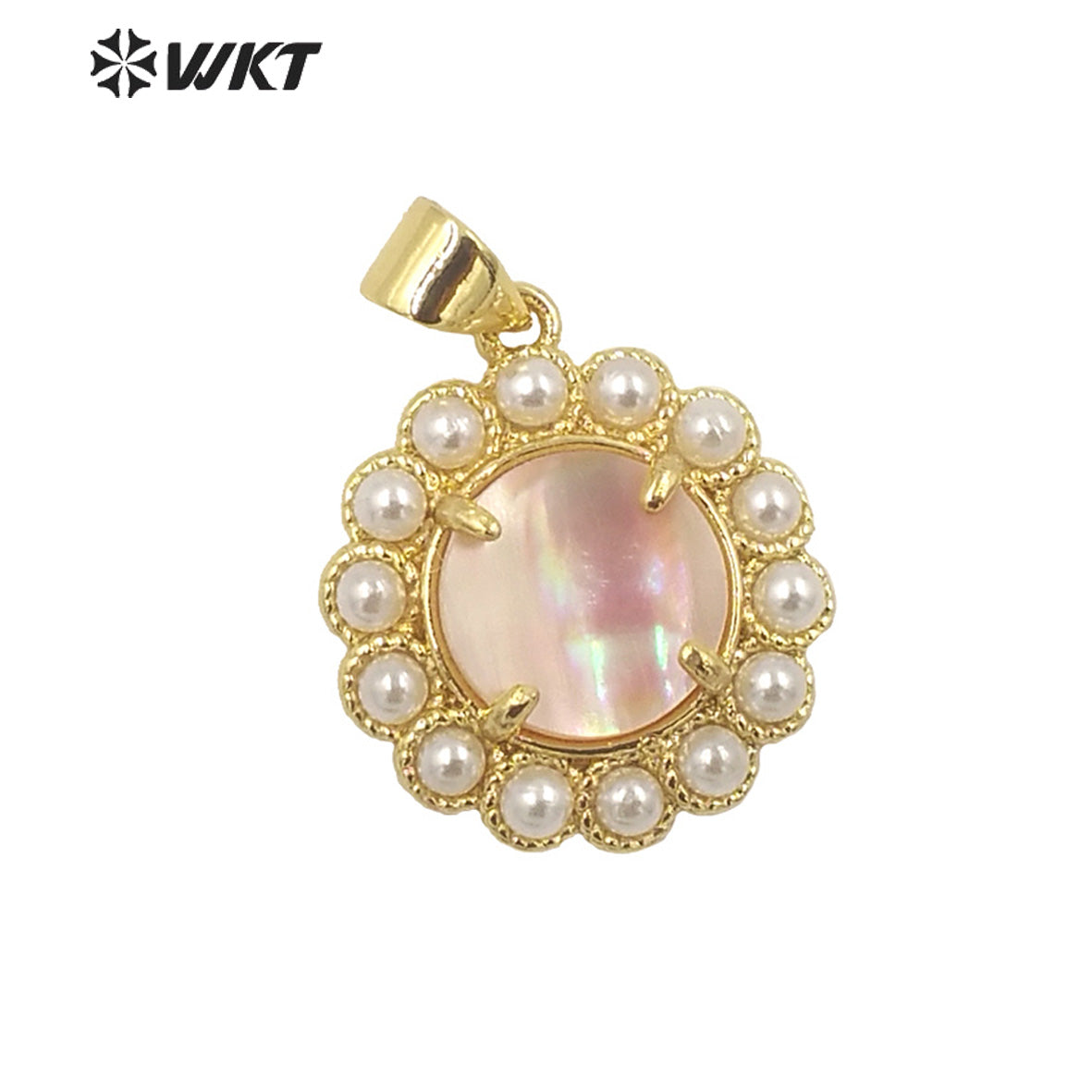 WT-JP358 Wholesale Fashion Gold Plated Stone With Claw Setting Artificial Shell Pearl Around Labradorite Gemstone Pendants