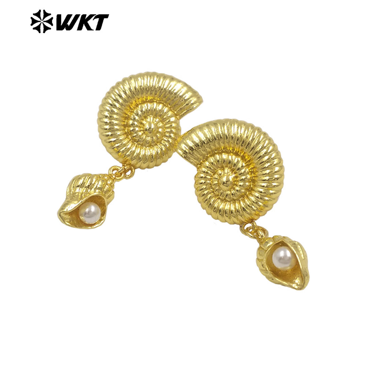 WT-ME131 Boutique Gold And Silver Plated Brass Charms With Artificial Pearl Shell Shape Earrings For Women Vacation Jewelry