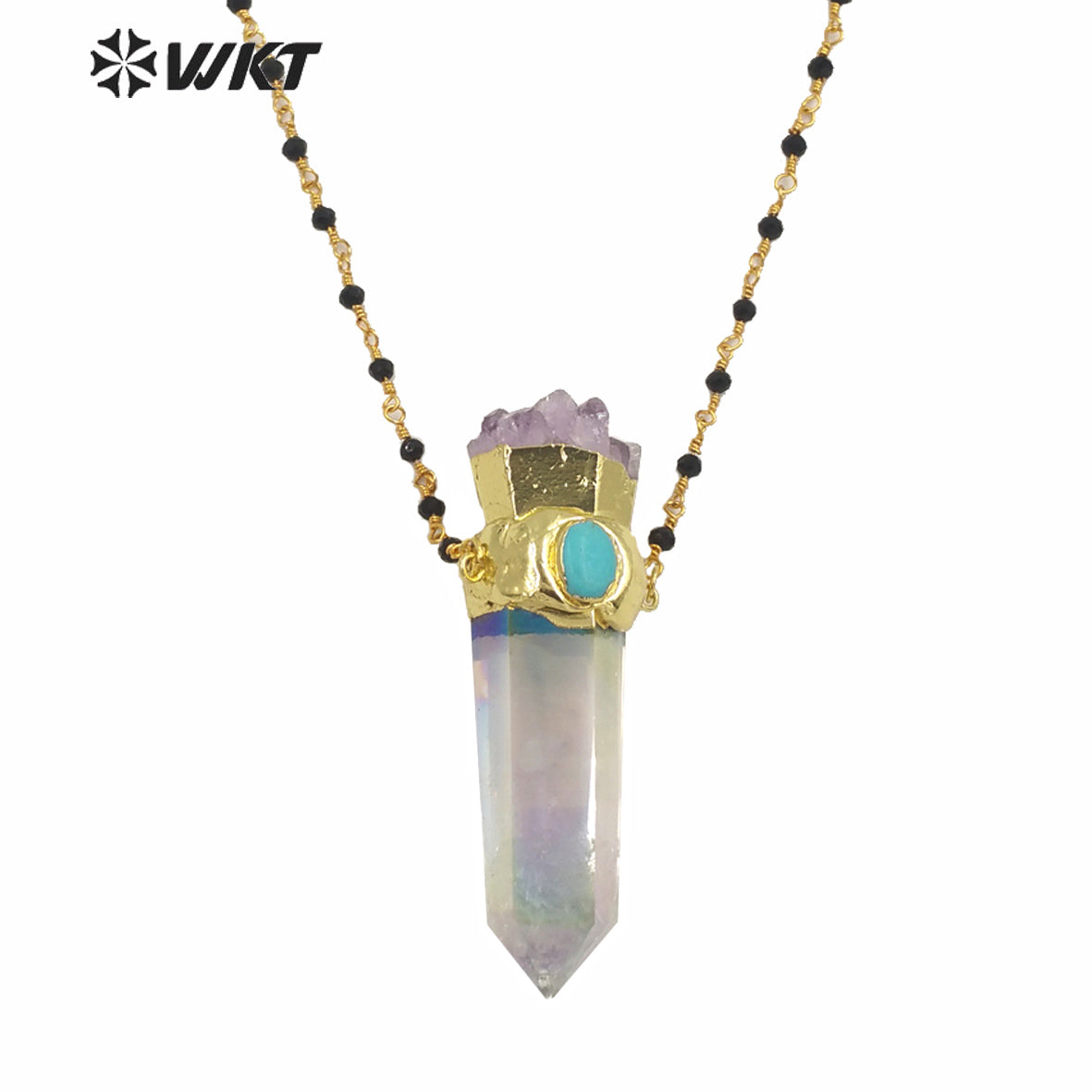 WT-N1252 Wholesale Gold Electroplated Natural Aura Spirit Quartz Necklace Women Fashion Chunky Crystal Point Quartz Necklace