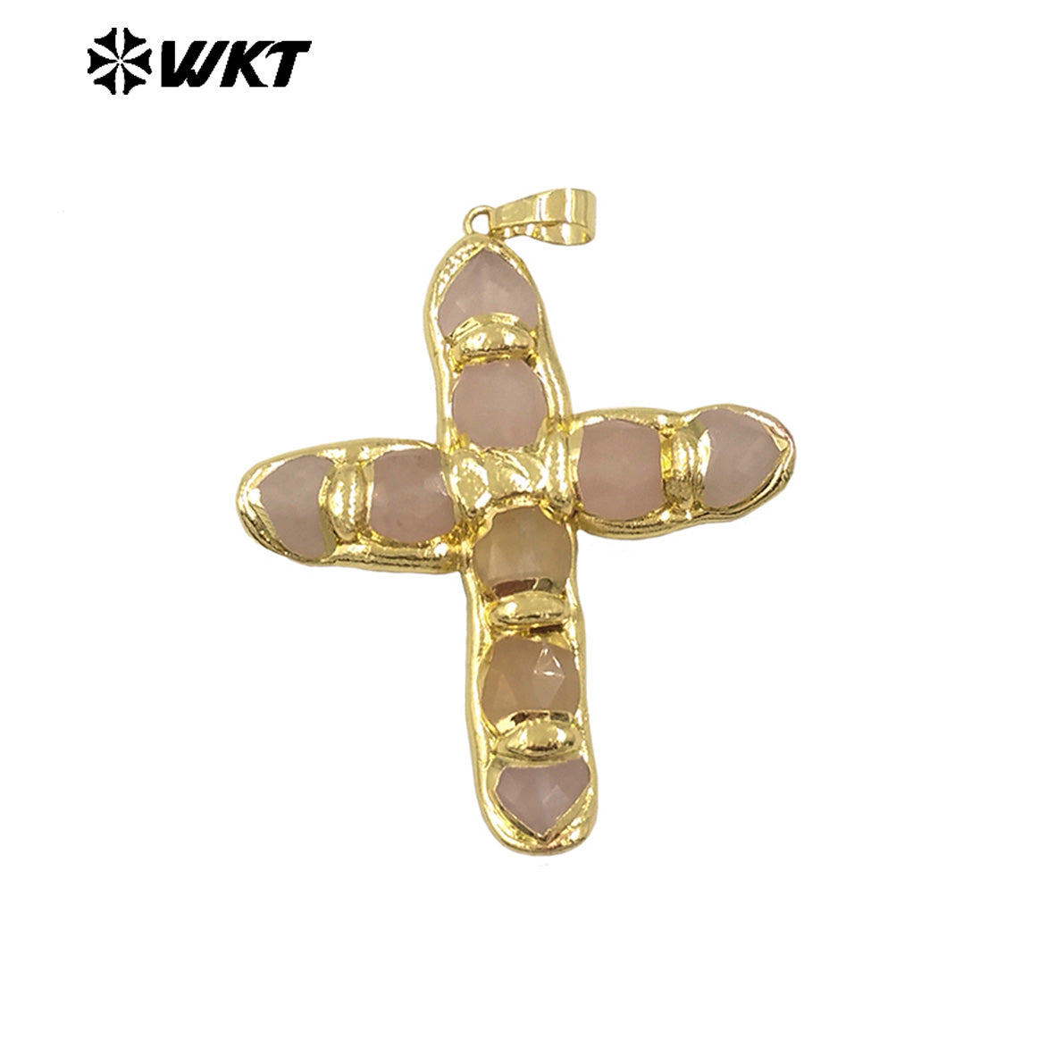 WT-P2005 Wholesale Beautiful Gemstone Religious Pendant Natural Rose Quartz With 18K Gold Plated Cross Shape for Necklace Making