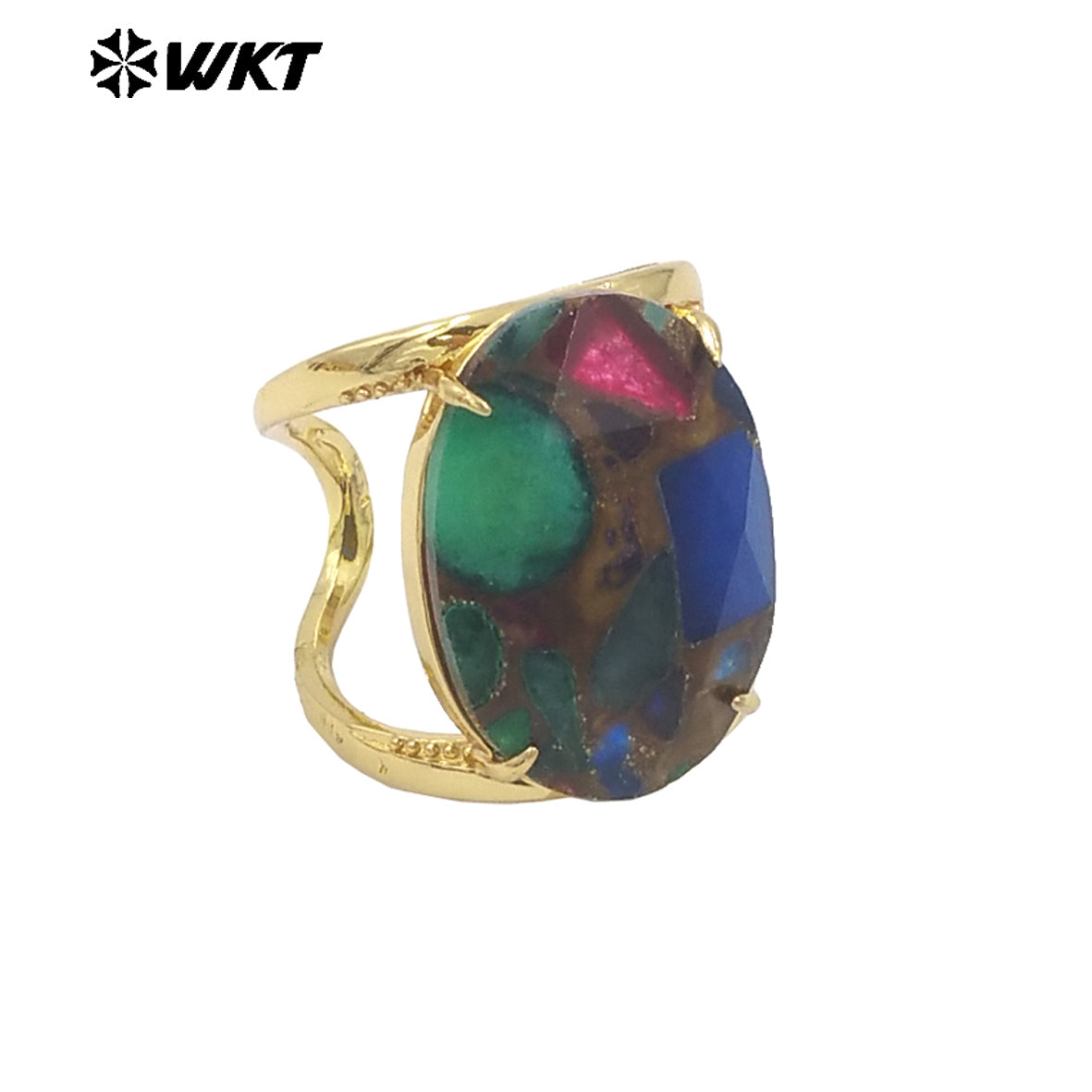 WT-R524 Amazing Rainbow Copper Turquoise 18K Real Gold Plated Resist Tarnishable Women Cocktail Oval Stone Party Ring