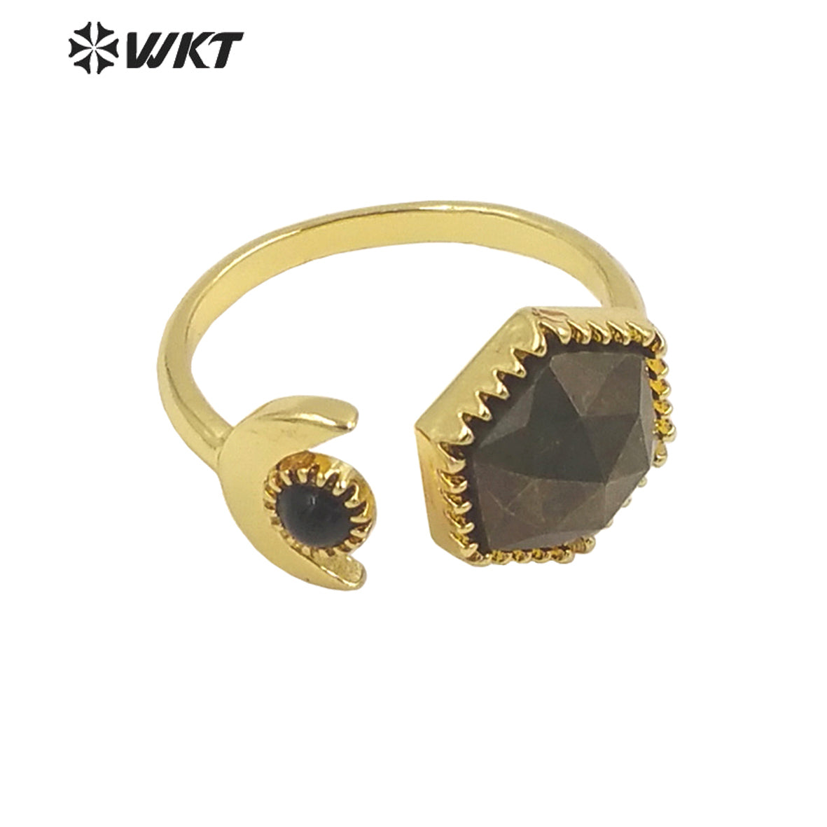 WT-R426 Delicate Fashion Gold Open Size Double Stone Ring Natural Gemstone Hexagon Double Stone Gold Bezel Ring for Girls