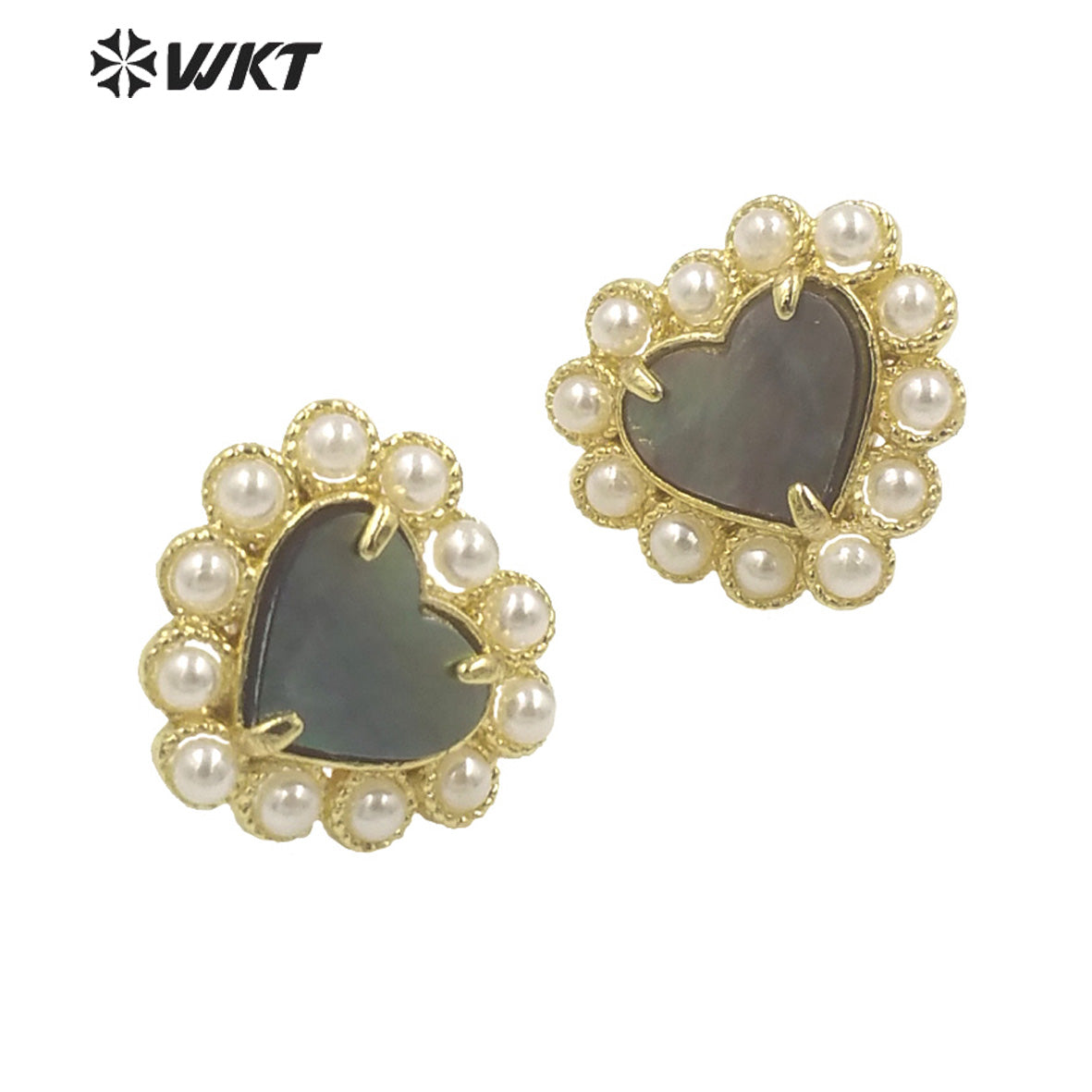 WT-MPE123 Wholesale Gold Plated Artificial Pearl and Natural Abalone Shell Heart Girl Earrings Popular Fashion Boho Studs