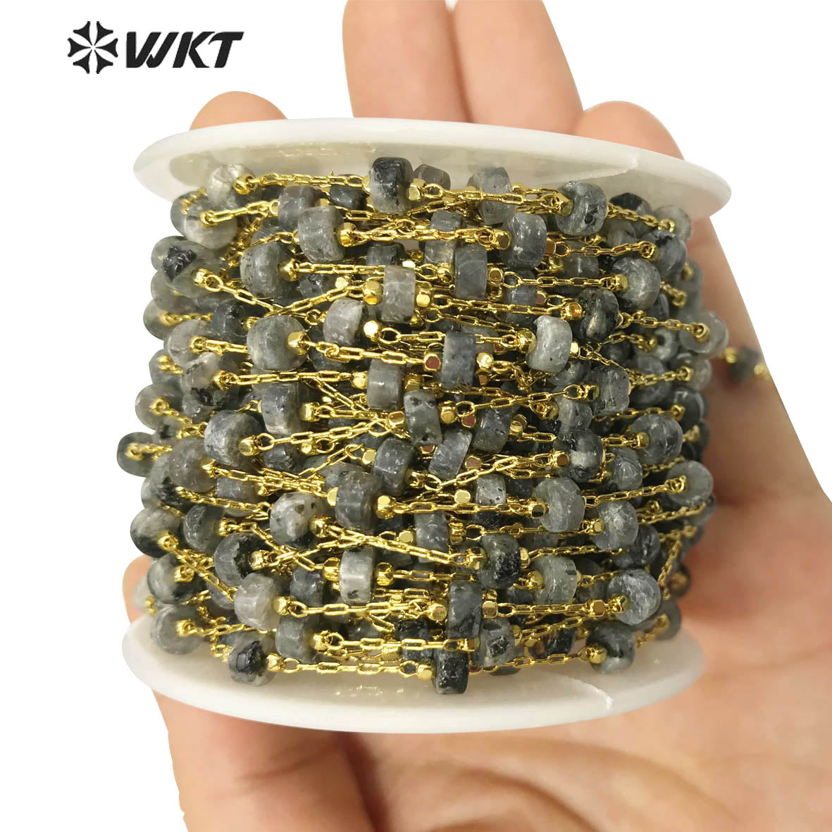 WT-RBC133 Stylish Accessory Stone Beads Chain 6mm Natural Stone Beads Rosary Necklace Chain Gold Plated Jewelry Beads Chain