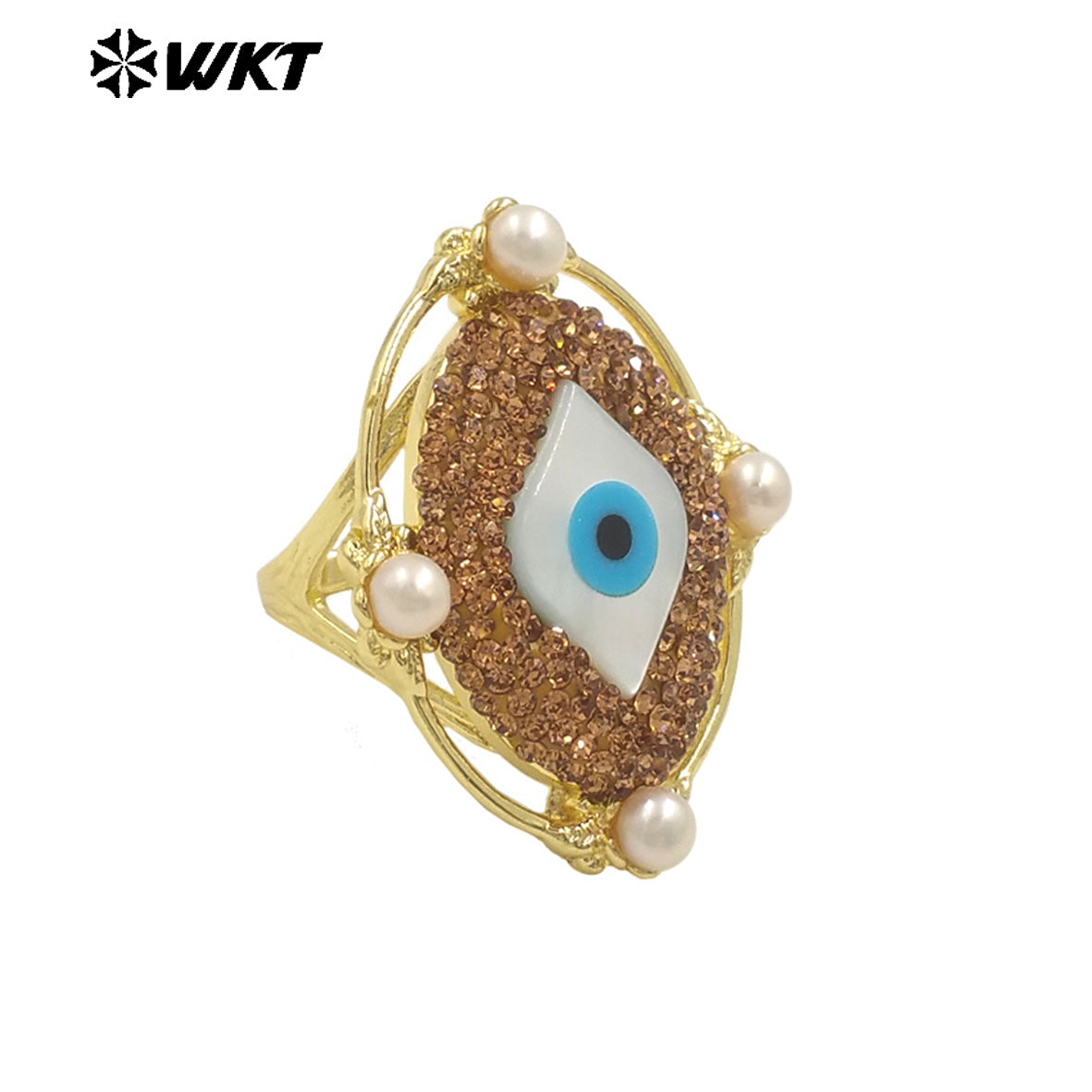 WT-MPR116 New Design Vintage Eye 18K Gold Plated Round Pearl Rhinestone Ring Niche Cultural Jewelry for Both Men and Women