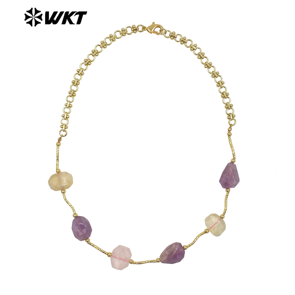 WT-N1492 Wonderful Design Lady Fashion Gorgeous Precious Natural Amethyst and Rose Quartz Cushion Stone Handmade Necklace