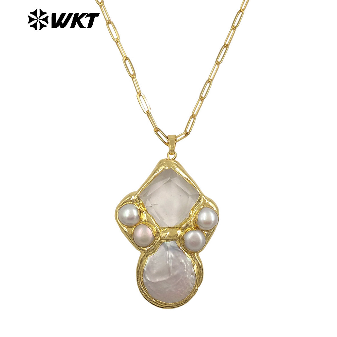 WT-JN345 Delicate Rectangle Chain With Gold Plated Natural Gemstones And Pearl Pendant Necklace For Unique Fashion Birthday Gift