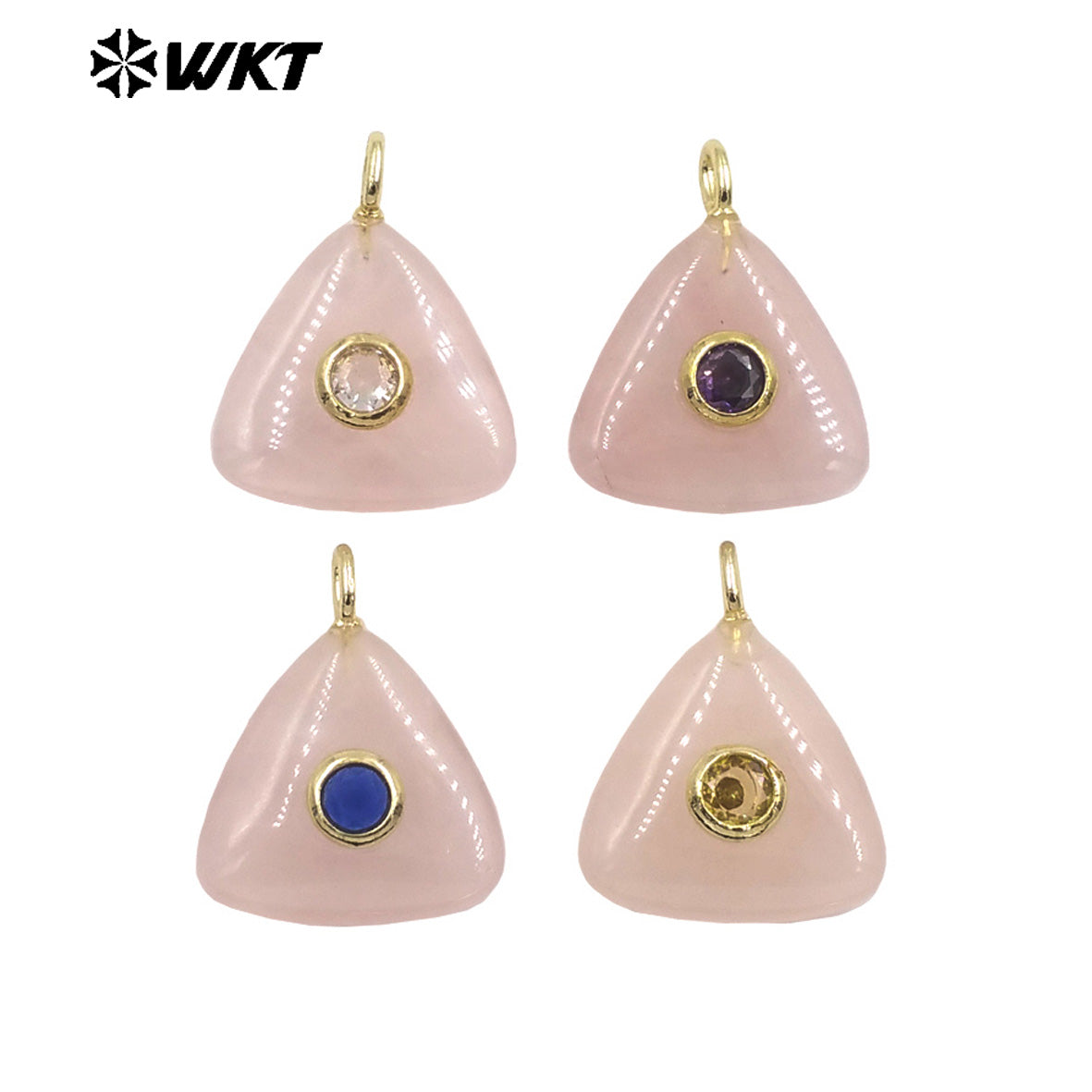 WT-P2021 High Quality Lovely Triangle Rose Quartz Natural Gemstones And Zircon Pendants For Necklace Decoration Charms