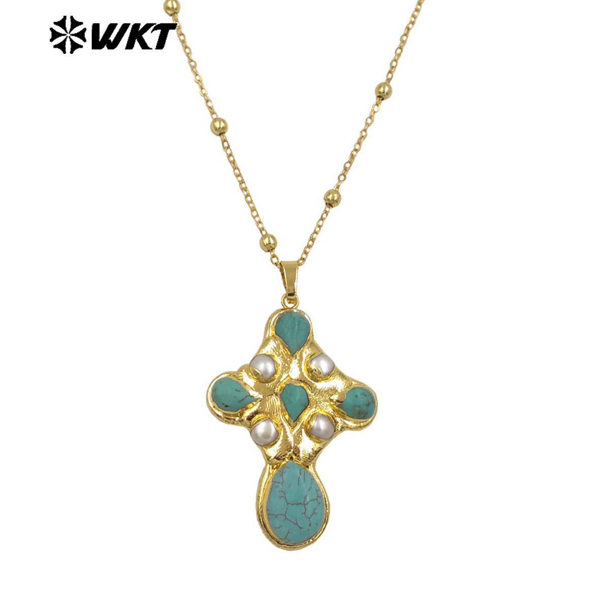 WT-JN297 Brand New Product Elegant 18K Gold Plated Pearl Turquoise Cross Unisex Pendant Necklace Fashion Jewelry Accessories