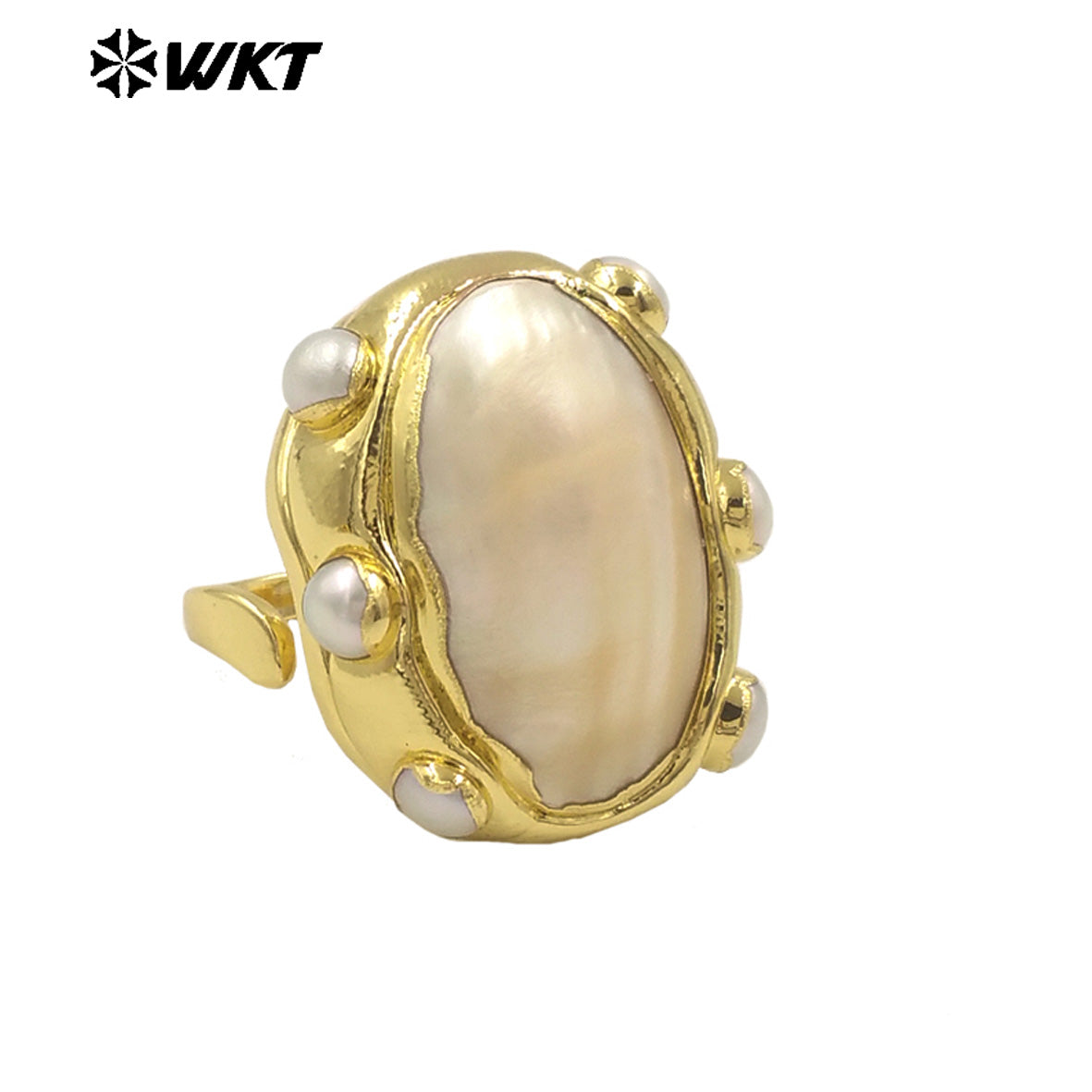 WT-MPR113 Wholesale18K Gold Plated Oval Adjustable Pink and White Pearl Combination Large Mabe Shell Ring As Anniversary Gift