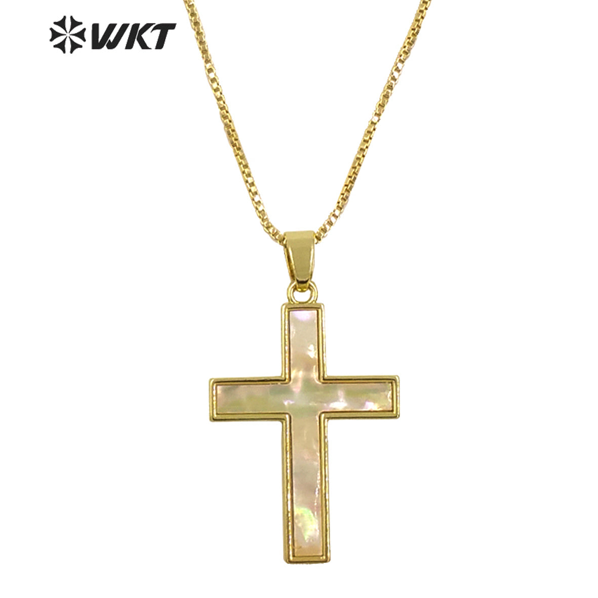 WT-JN277 Wholesale Amazing Christian Natural Shell Cross Pendant Necklace Gold Bezel Setting Unisex Jewelry