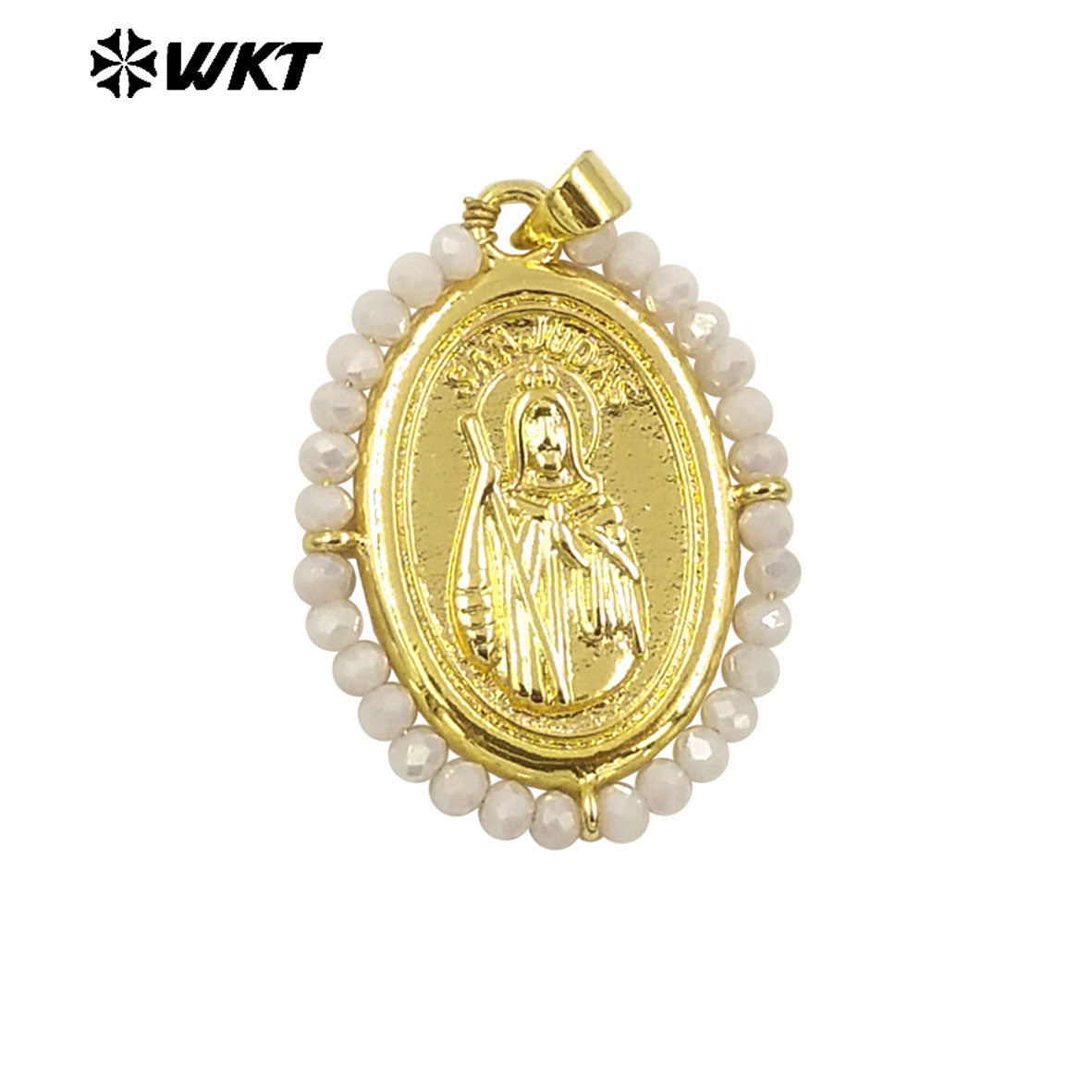 WT-MN989 Women Handmade Crystal Wire Wrapped Oval Shape 18K Gold Plated Miraculous Medal Necklace for Spring