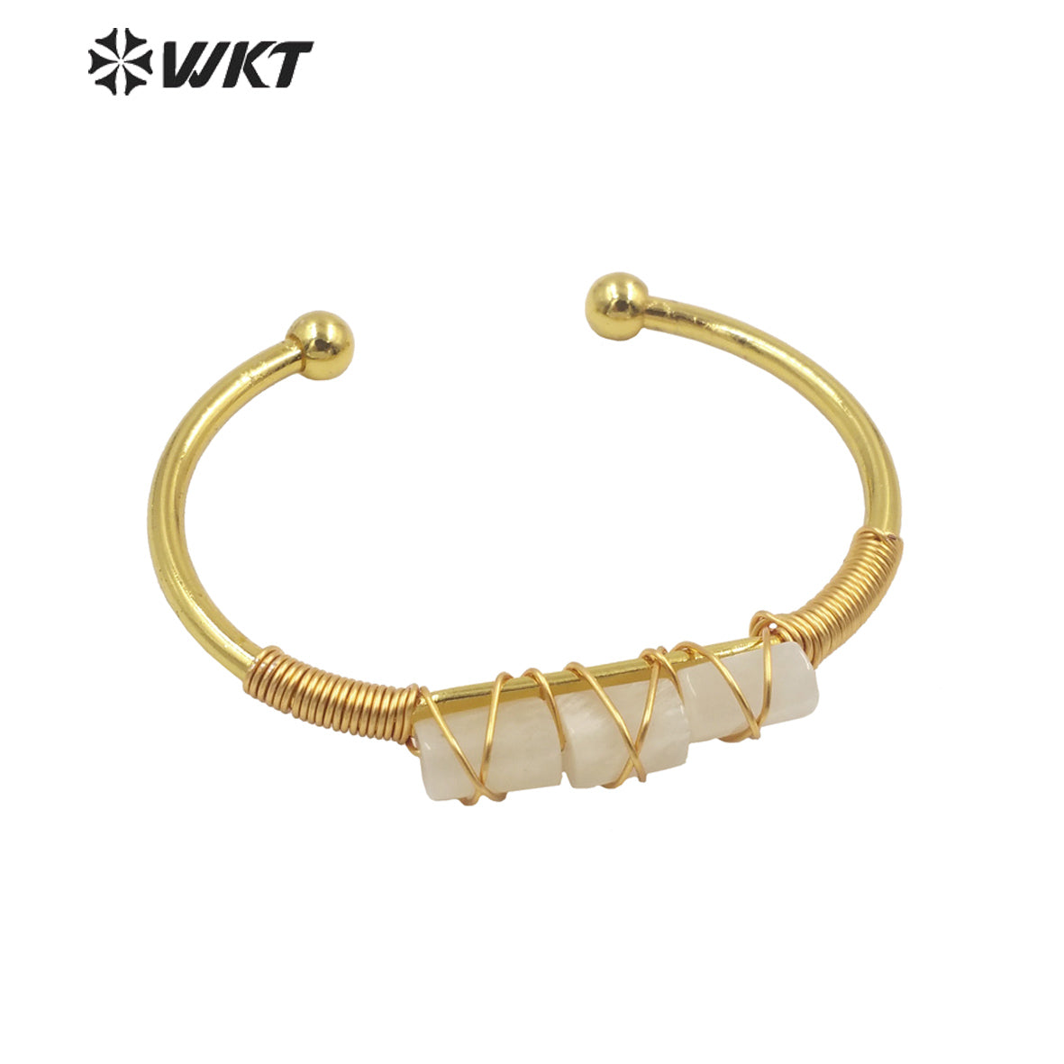 WT-B615 Wholesale New Women Handmade Wire Wrapped Natural Gemstone Cuff Bangle in Open Size Boho Stone Bangle for Friends