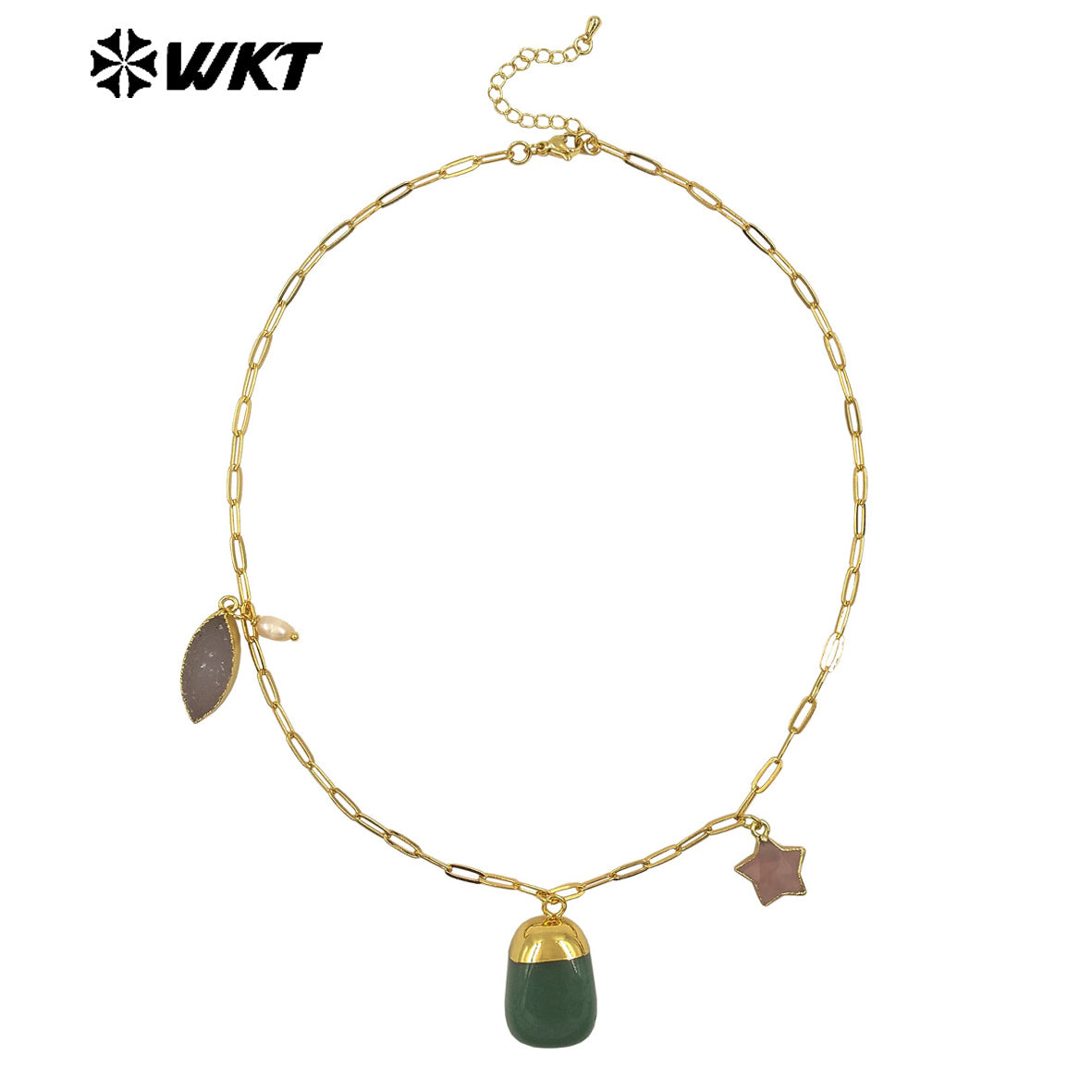 WT-N1489 Unique Design Natural Gemstones Necklace Gold Plated Chain With Three Stone Charms for Ladies Fashion Jewelry Gift