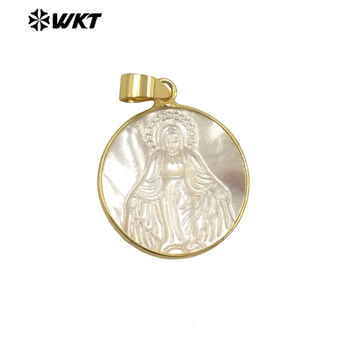 WT-JP042 New Arrival White Shell Virgin Mary Jesus Christ Pattern Round Metal Electroplated for Women Jewelry Shape Pendants