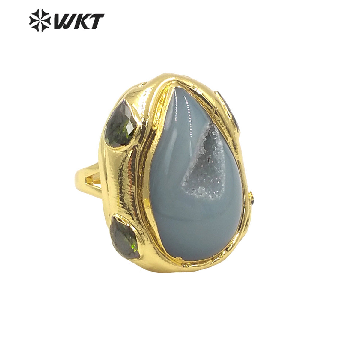 WT-R500 Gorgeous 18K Gold Plated Natural Druzy Geode Agate Teardrop Fashion Designer Unique Grey Stone Jewelry Ring
