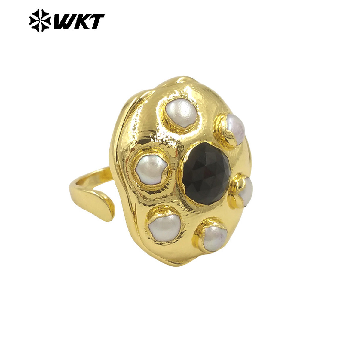 WT-MPR115 High Quality Unisex 18K Gold Plated Six Pearl and Natural Black Stone Round Shape Ring Exquisite Jewelry Accessories