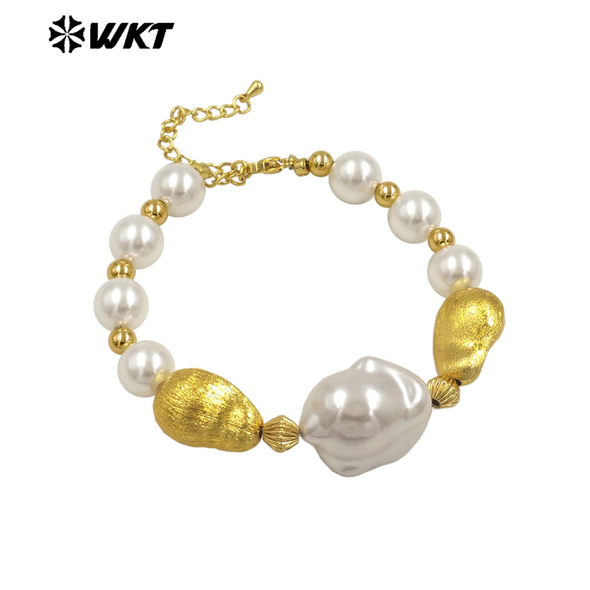 WT-MPB120 New Cute Style Large White Irregular Beads Gold Round Beads Artificial Pearl Bracelet for Girls As Daily Decoration