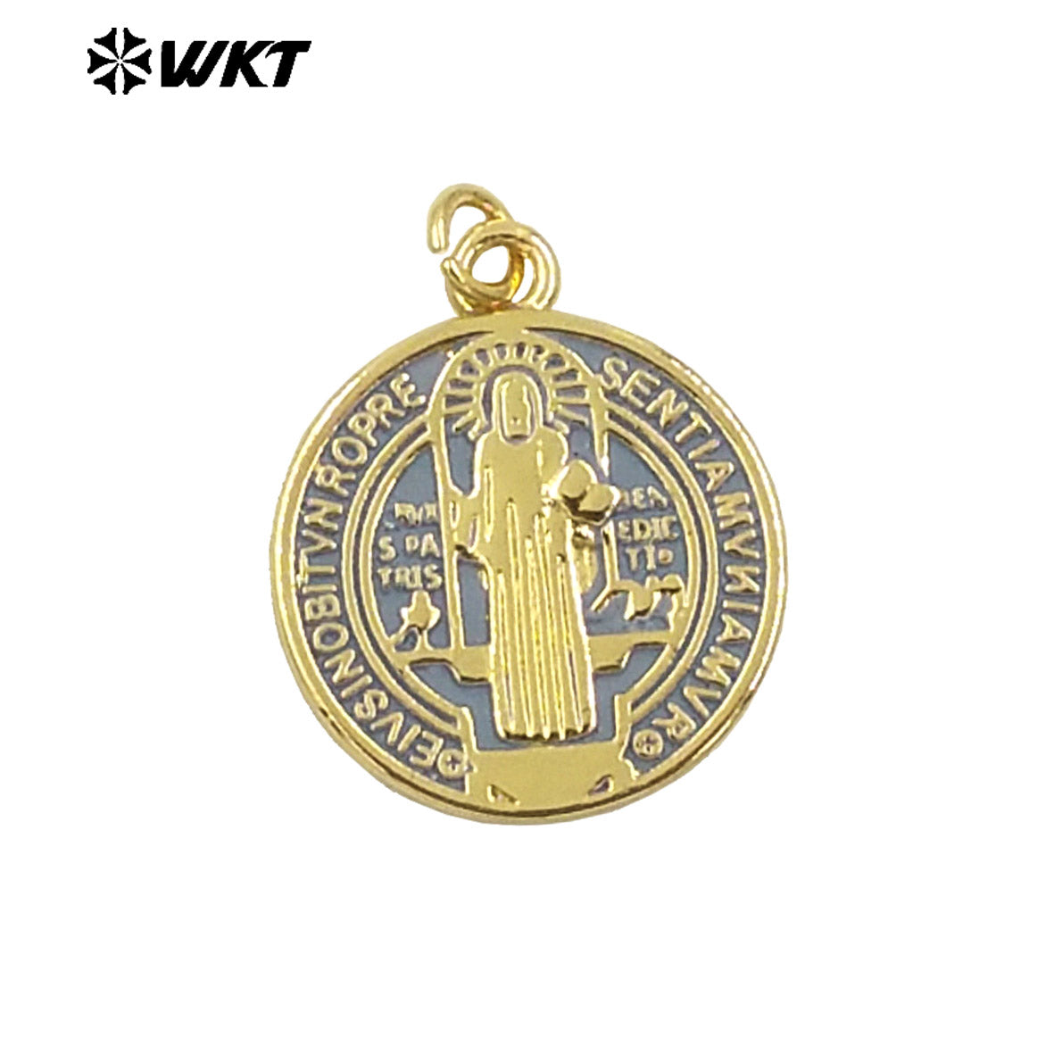 WT-MP294 Unique Spring Design Round 18K Real Gold Plated Brass Medal Christian Religious St Benedict Pendants