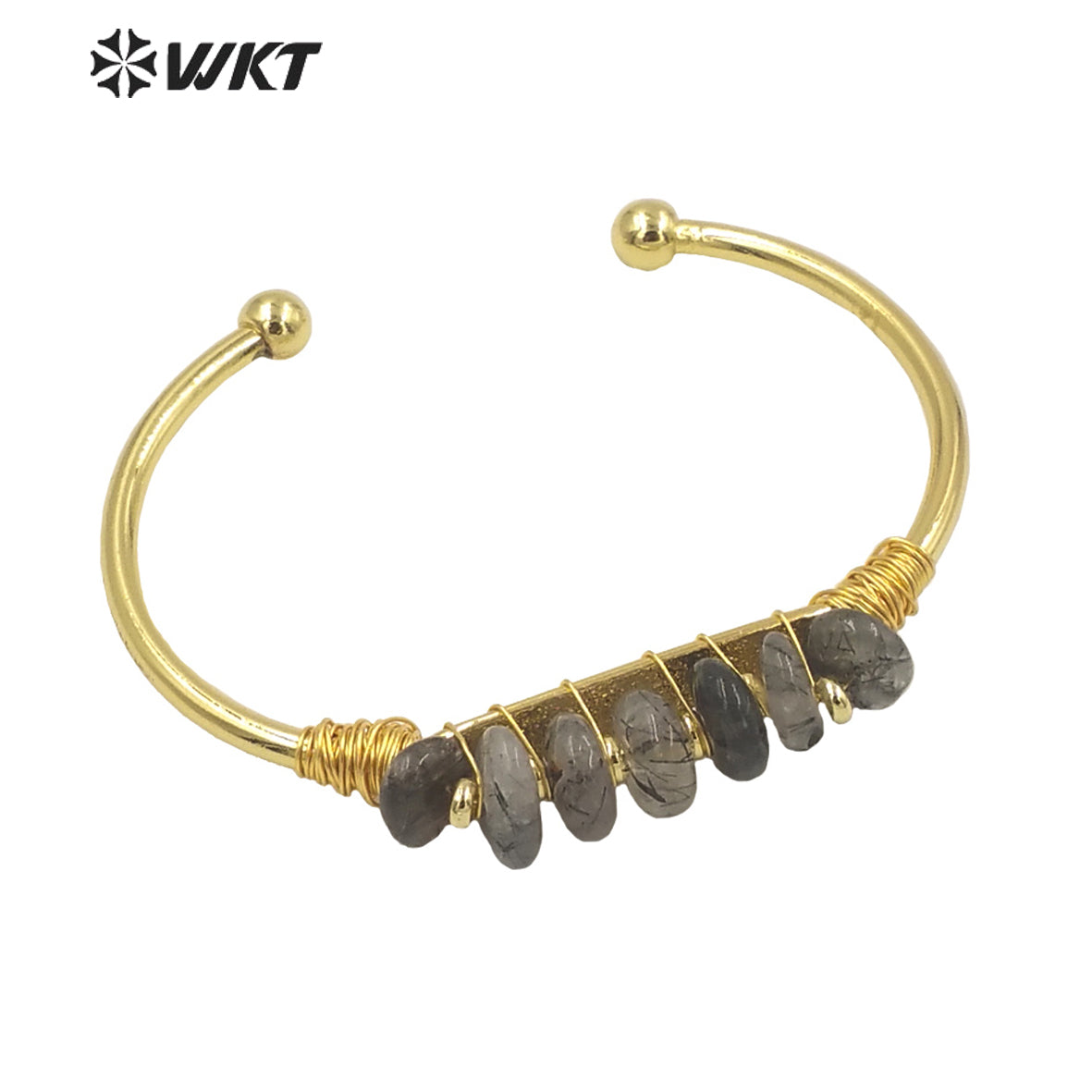 WT-B580 WKT Lovely Popular Gold Electroplated Open Size Cuff Bangle Women Bohemian Natural Gemstone Beads Wire Wrapped Bangle
