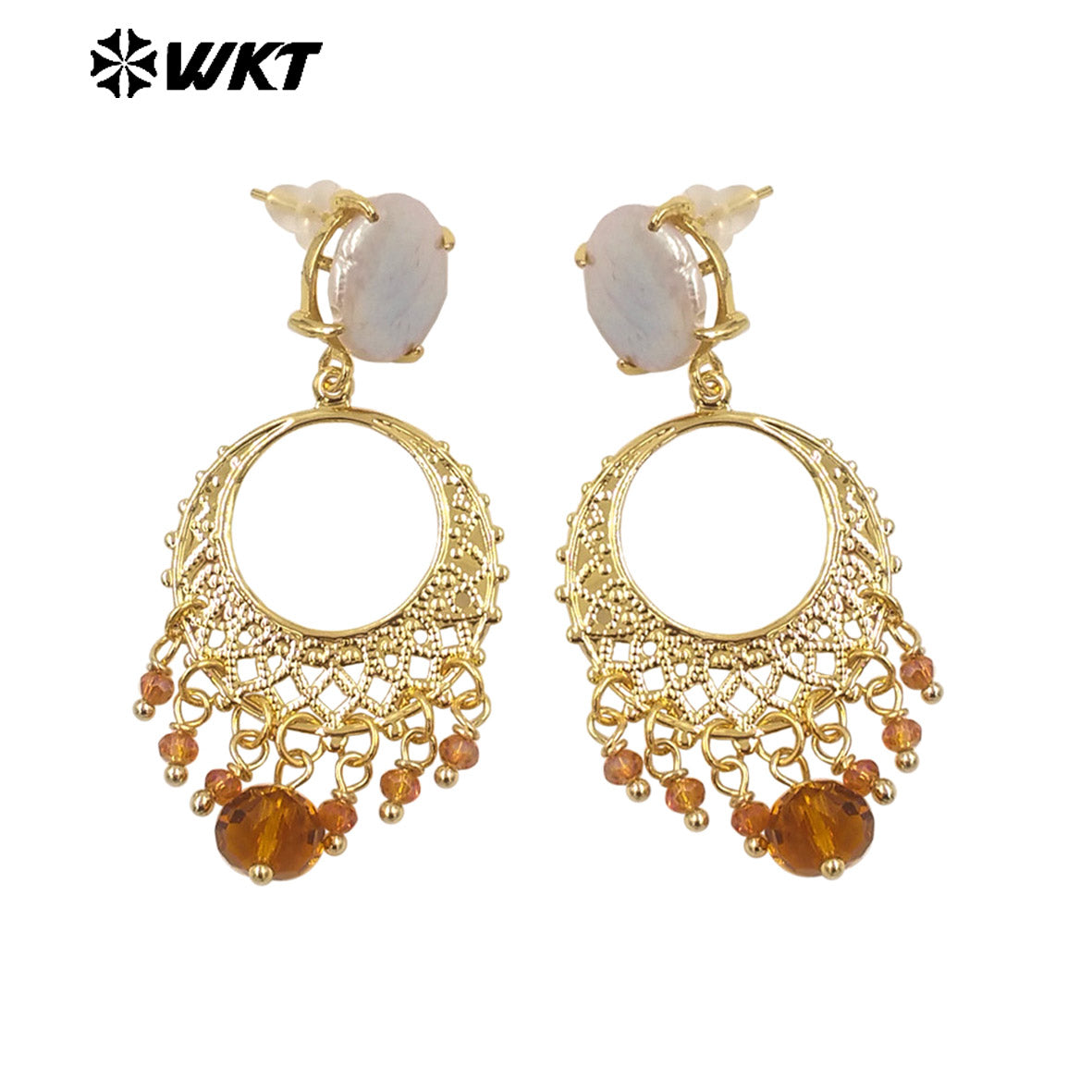 WT-MPE133 Stunning Colorful 18K Real Gold Plated Long Dangle Hand Made Claw Setting Charming Freshwater Pearl Stud Earrings