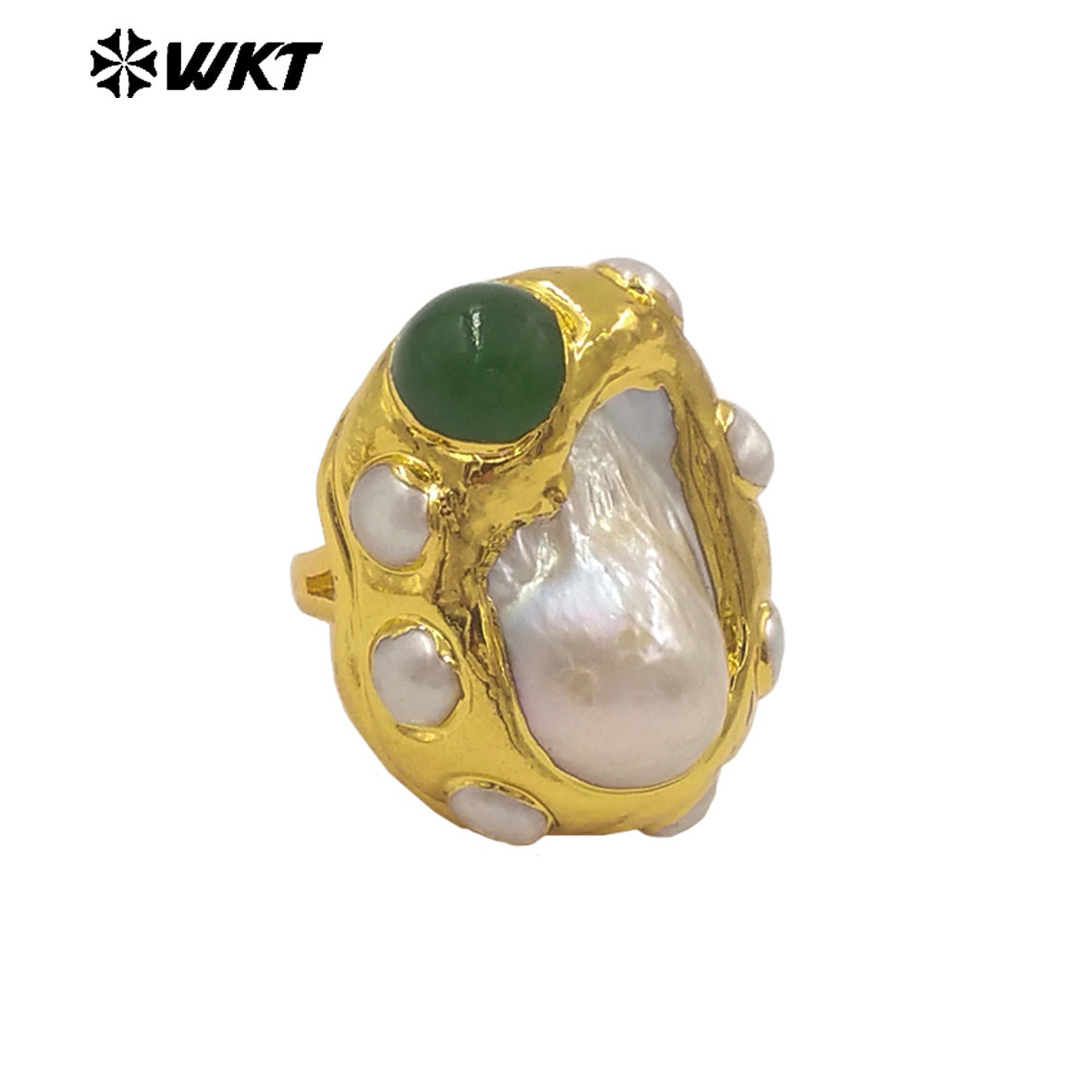 WT-MPR145 Amazing Luxury Gold Plated Random Shape Baroque Pearl With Natural Jade Rings Ladies Resist Tarnishable Jewelry Gift