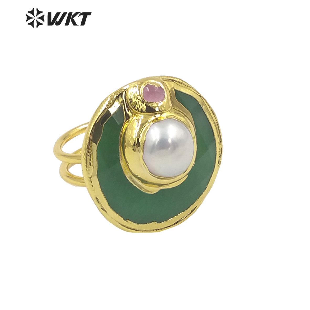 WT-R401 Natural Gemstone Lovely Fashion Cat Eye Ring with Pearl Crystal Colorful Round Ring 18k Gold-plated Women Gemstone Ring