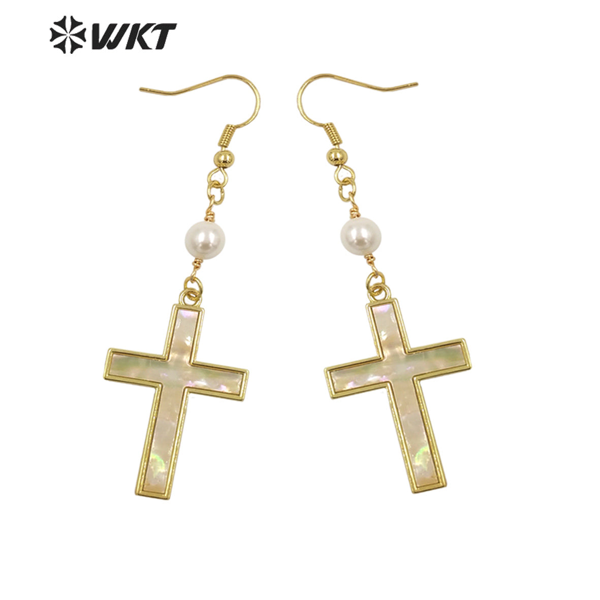 WT-MPE135 Wholesale Religious Christian Fashion Gold Bezel Setting Natural Shell Cross Pendant Earrings for Gift