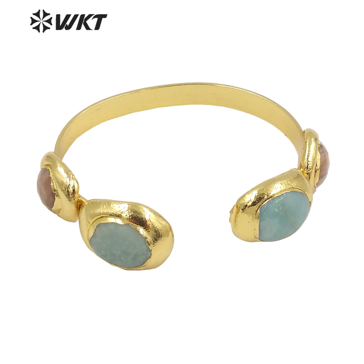 WT-B592 WKT 2022 Fashion Jewelry Sun Stone Amethyst Black Obsidian Adjustable Gold Bangle Natural Triple Stone Bangle