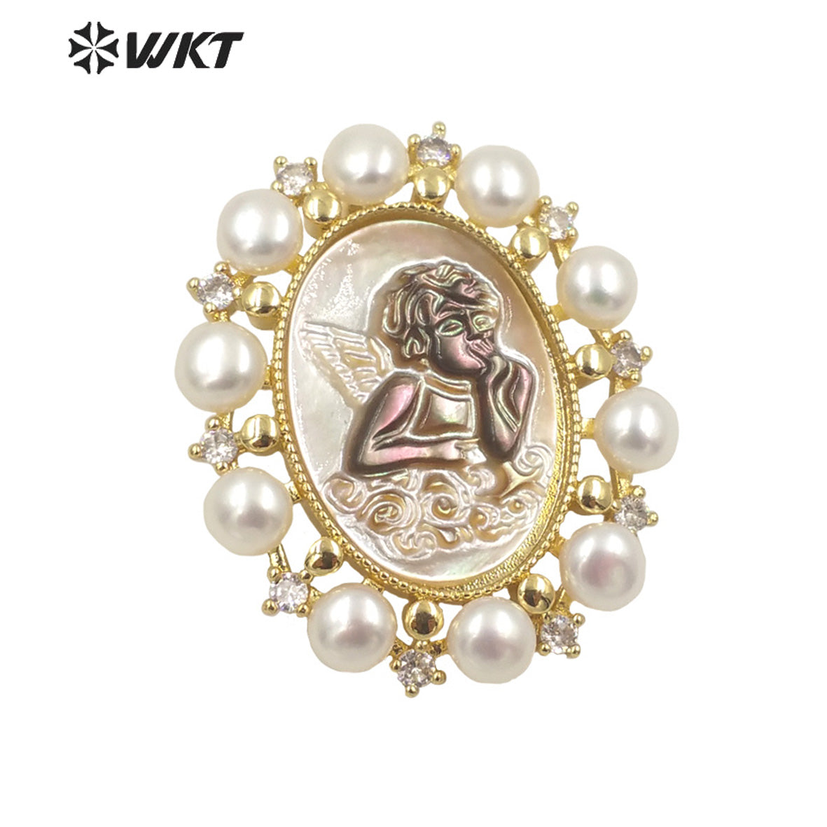 WT-JP278 New Gorgeous Fashion Gold Bezel Micro Pave CZ Setting White Pearl Angel Pendant Women Religious Christian Angel Shell