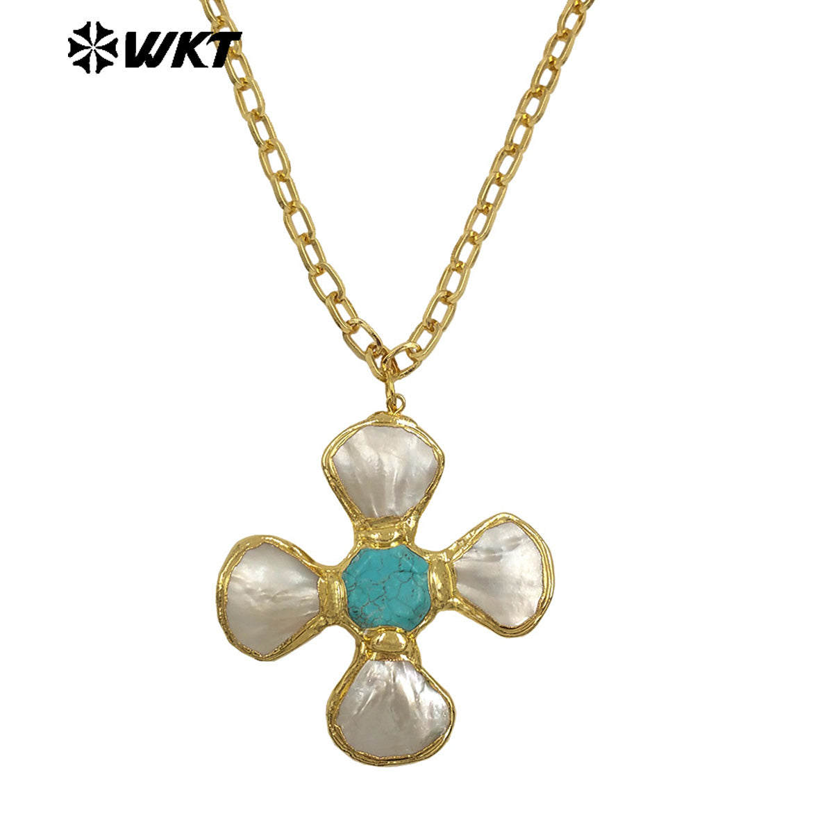 WT-JN346 Popular 18K Gold Plated Natural Turquoise Amethyst Stones And Shell Flower Shape Pendant Necklace As Party Jewelry