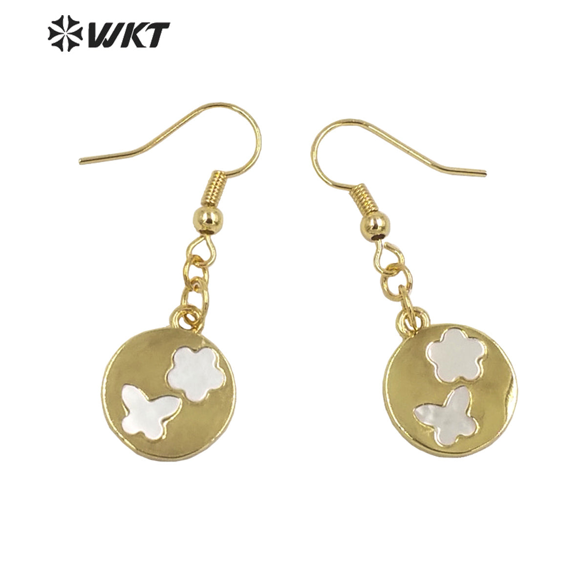 WT-MPE082 Wholesale Fashion Gold Bezel Shell Made Round Earrings Unique Star Moon Pendant Earrings Lovely White Shell Earrings