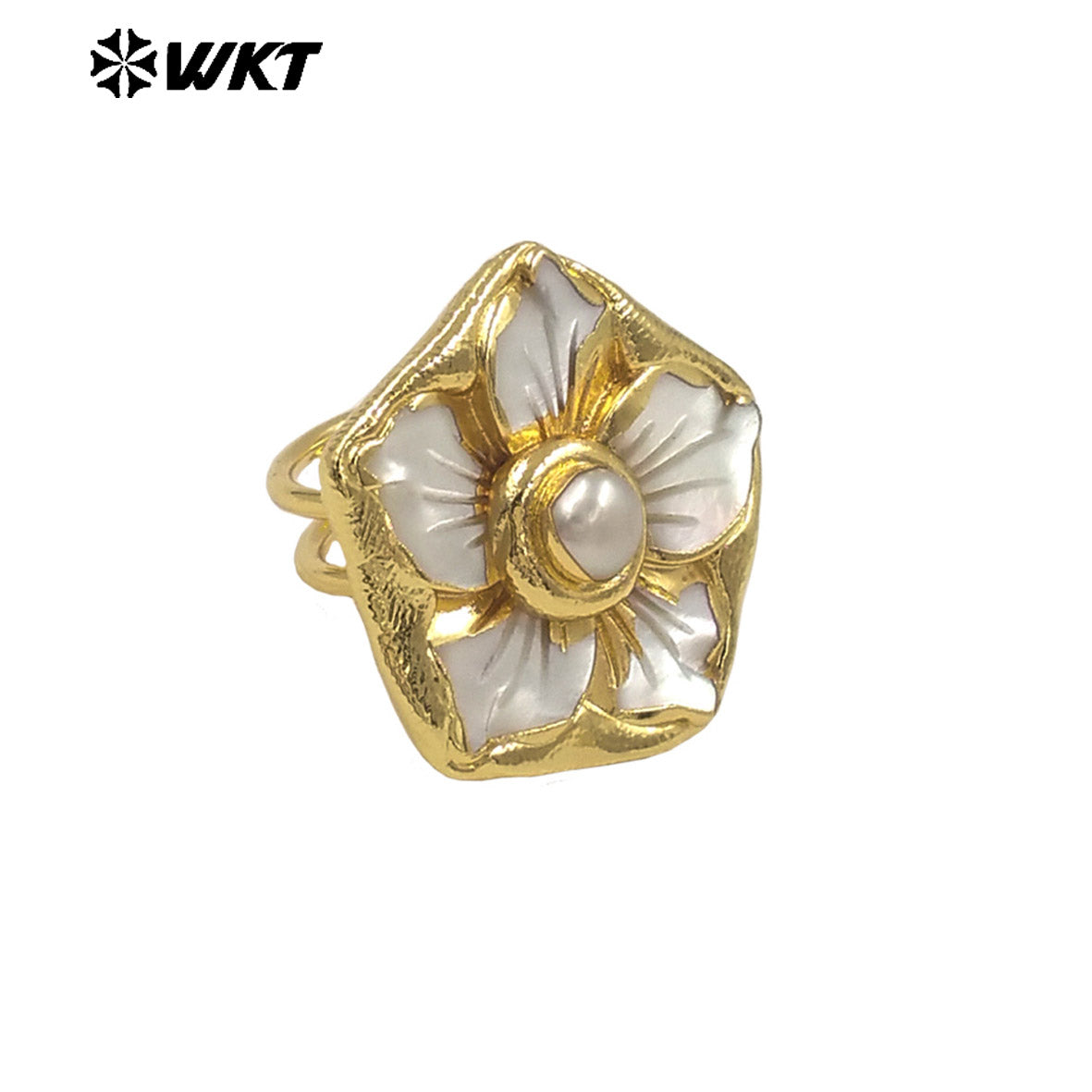 WT-MPR148 Beautiful Hand Carved Flower Shape Pink White Shell And Pearl 18K Gold Plated Rings For Ladies Elegant Jewelry